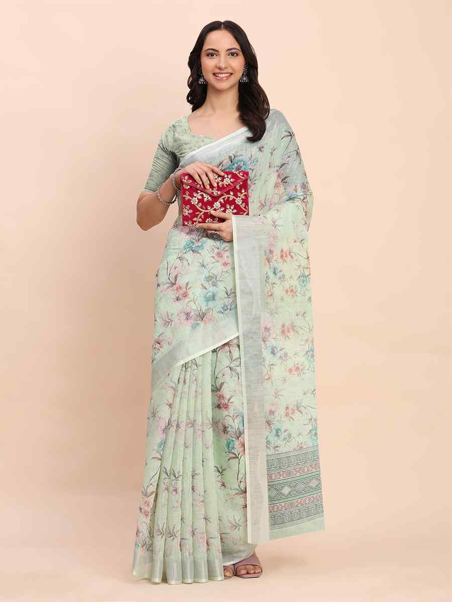 Light Green Linen Cotton Printed Festival Wedding Fancy Heavy Border Saree