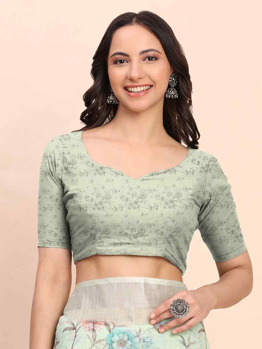 Light Green Linen Cotton Printed Festival Wedding Fancy Heavy Border Saree