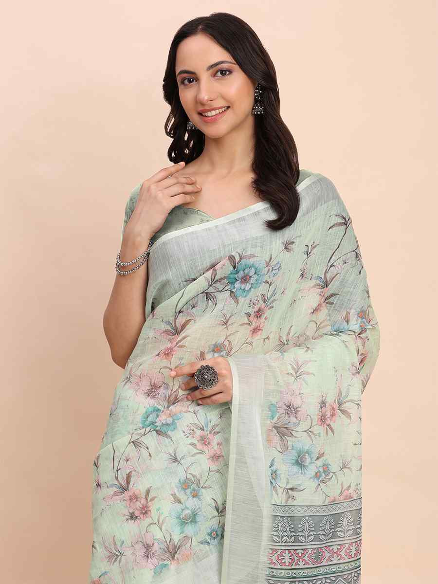 Light Green Linen Cotton Printed Festival Wedding Fancy Heavy Border Saree