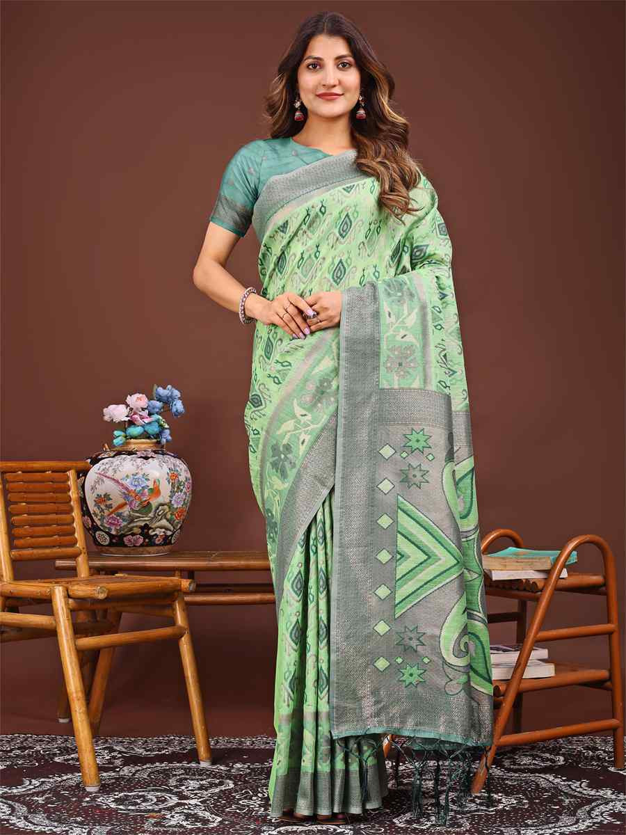 Light Green Linen Cotton Printed Festival Wedding Fancy Heavy Border Saree