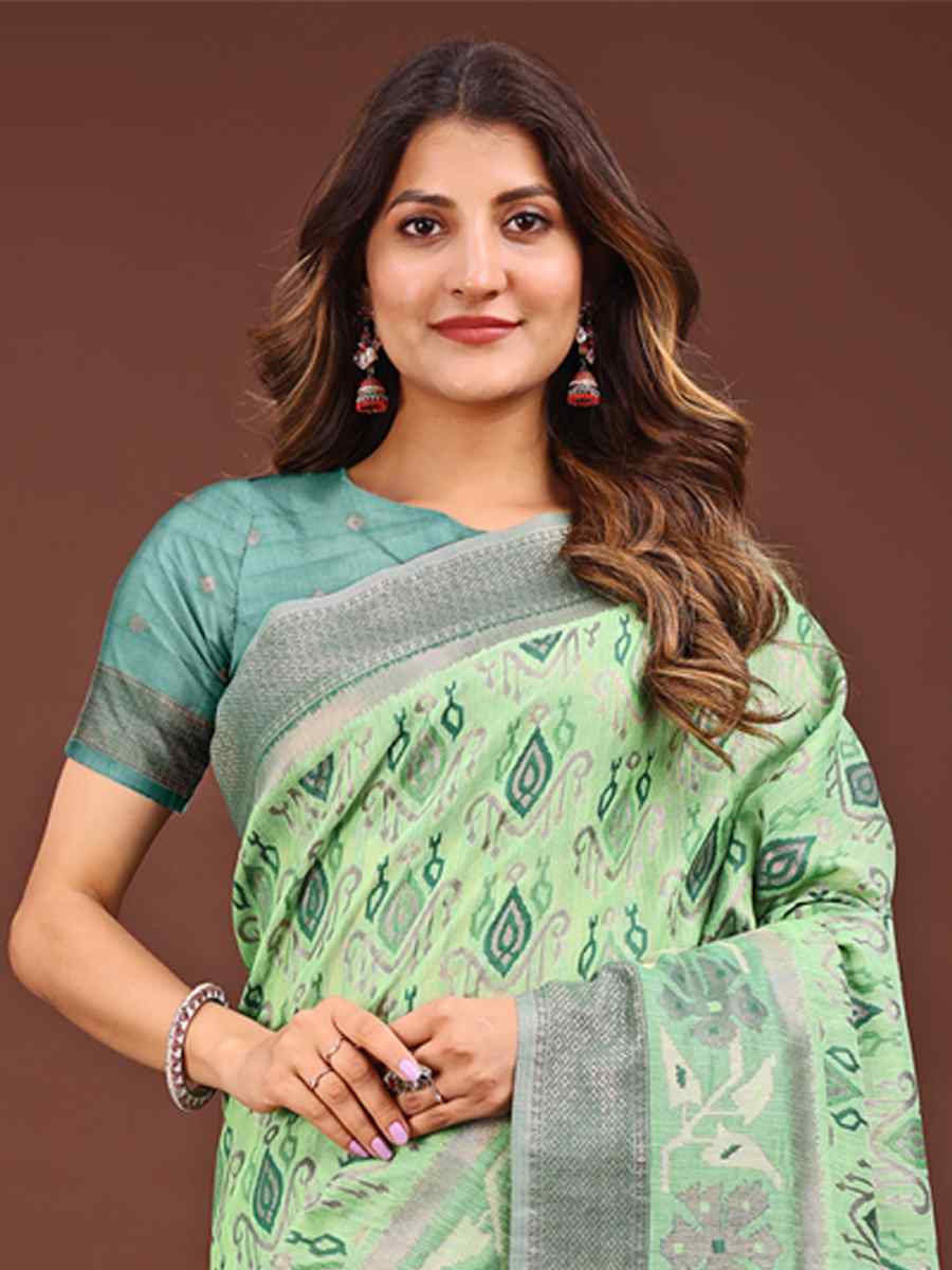 Light Green Linen Cotton Printed Festival Wedding Fancy Heavy Border Saree