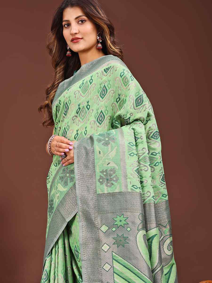 Light Green Linen Cotton Printed Festival Wedding Fancy Heavy Border Saree