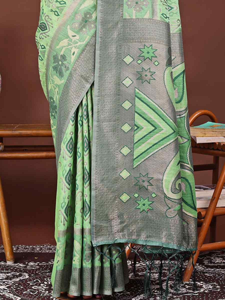 Light Green Linen Cotton Printed Festival Wedding Fancy Heavy Border Saree