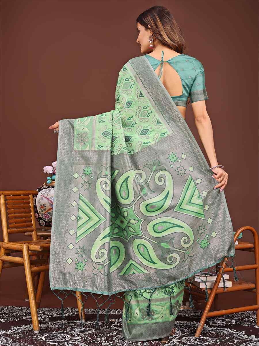 Light Green Linen Cotton Printed Festival Wedding Fancy Heavy Border Saree