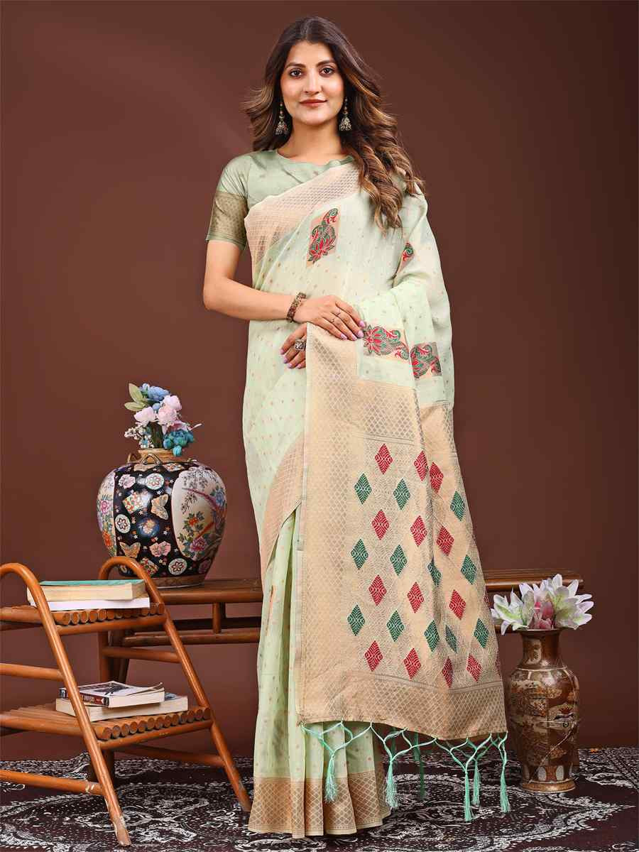 Light Green Linen Cotton Printed Festival Wedding Fancy Heavy Border Saree