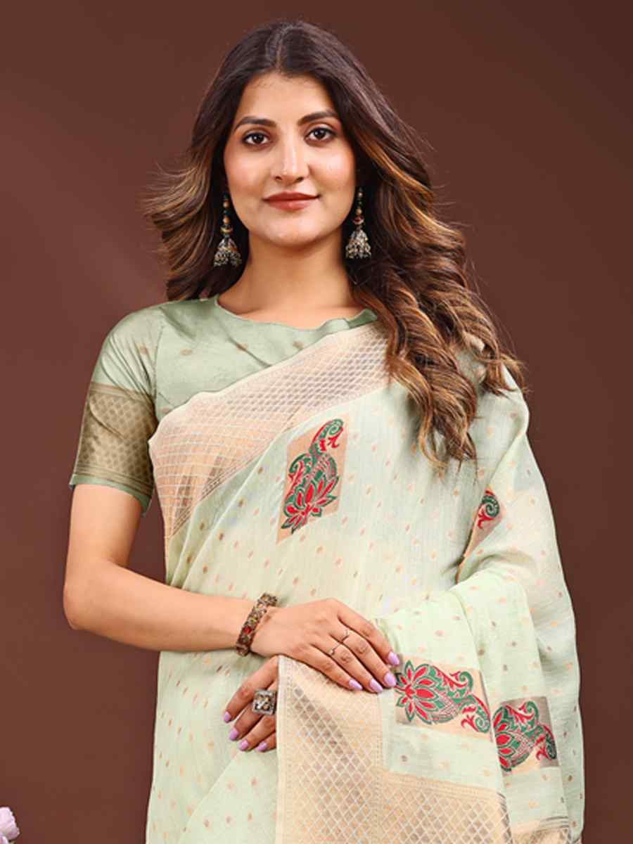 Light Green Linen Cotton Printed Festival Wedding Fancy Heavy Border Saree