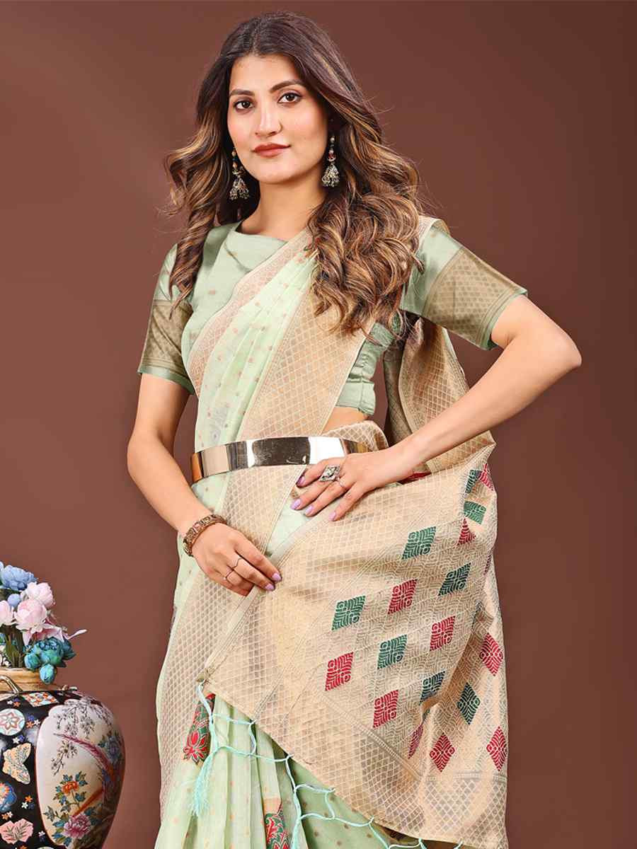 Light Green Linen Cotton Printed Festival Wedding Fancy Heavy Border Saree