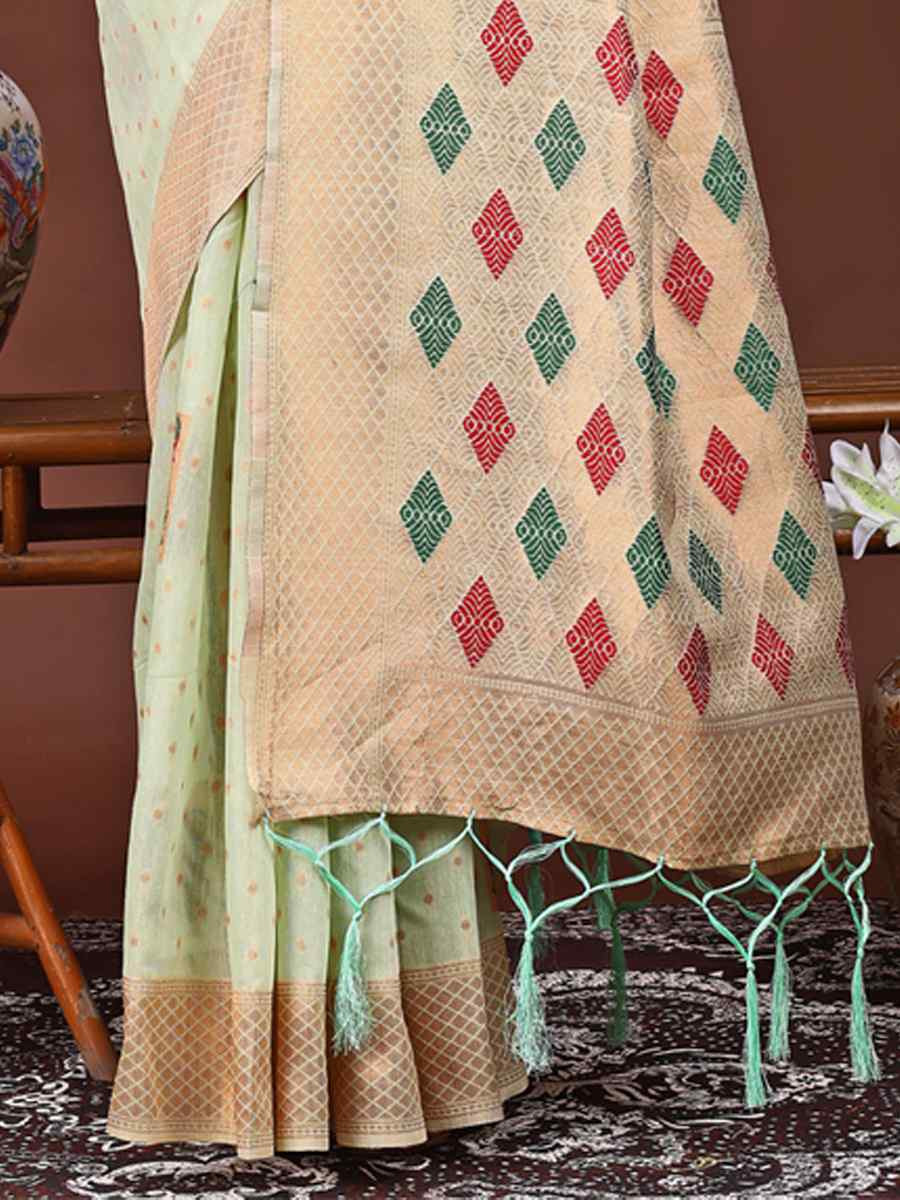Light Green Linen Cotton Printed Festival Wedding Fancy Heavy Border Saree