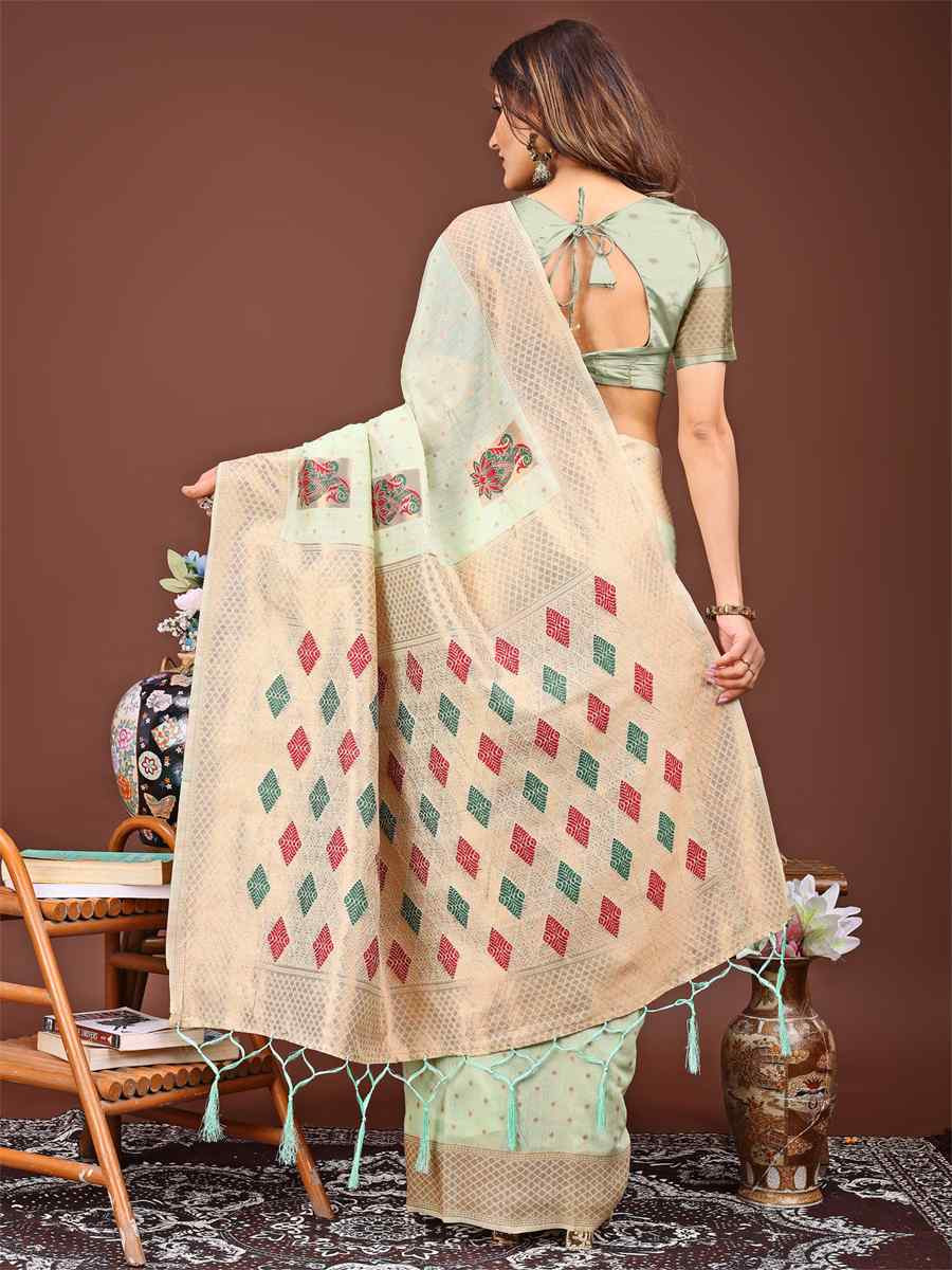 Light Green Linen Cotton Printed Festival Wedding Fancy Heavy Border Saree