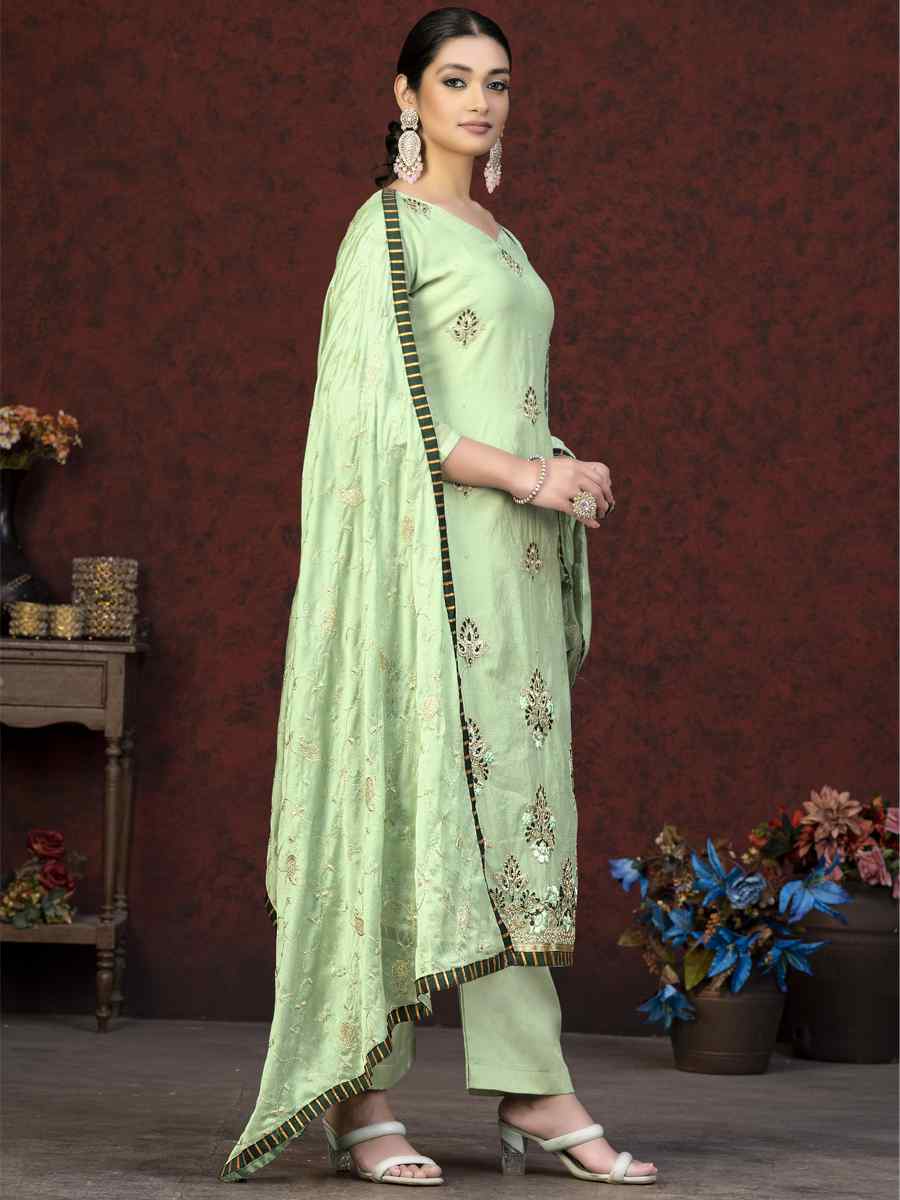 Light Green Modal Chanderi Embroidered Casual Festival Pant Salwar Kameez