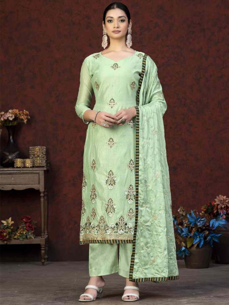Light Green Modal Chanderi Embroidered Casual Festival Pant Salwar Kameez