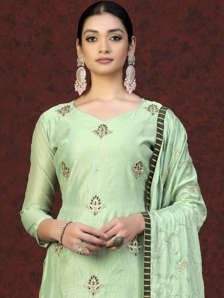 Light Green Modal Chanderi Embroidered Casual Festival Pant Salwar Kameez