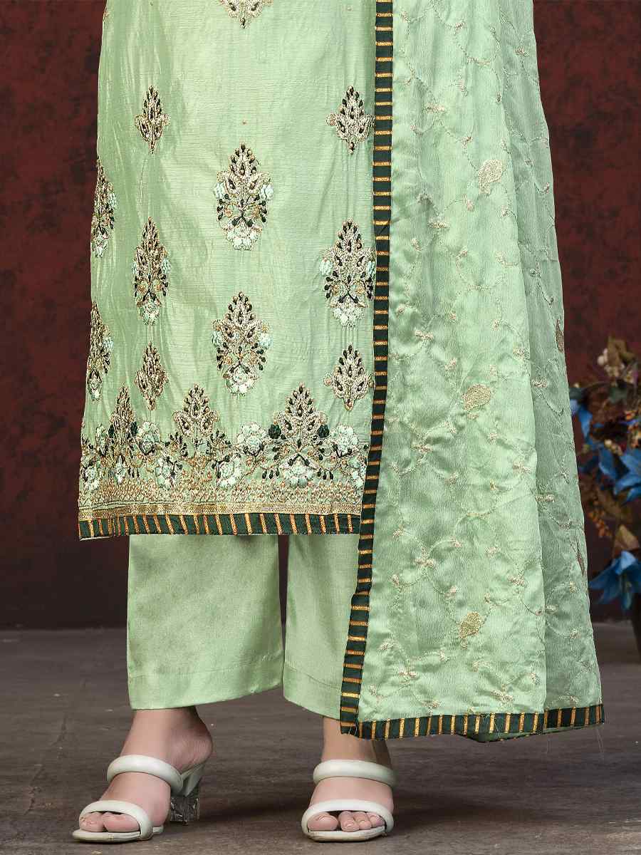 Light Green Modal Chanderi Embroidered Casual Festival Pant Salwar Kameez