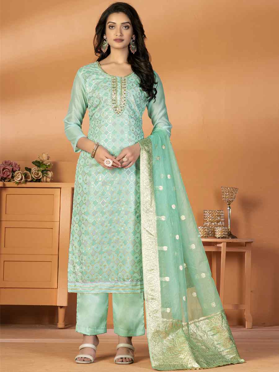 Light Green Modal Silk Embroidered Casual Festival Pant Salwar Kameez