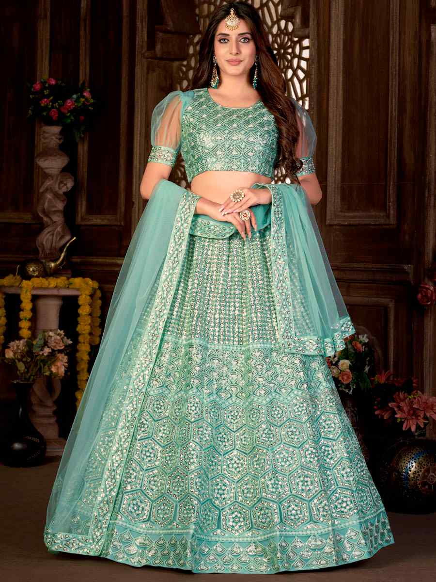 Light Green Net Embroidered Festival Party Wear Heavy Border Lehenga Choli