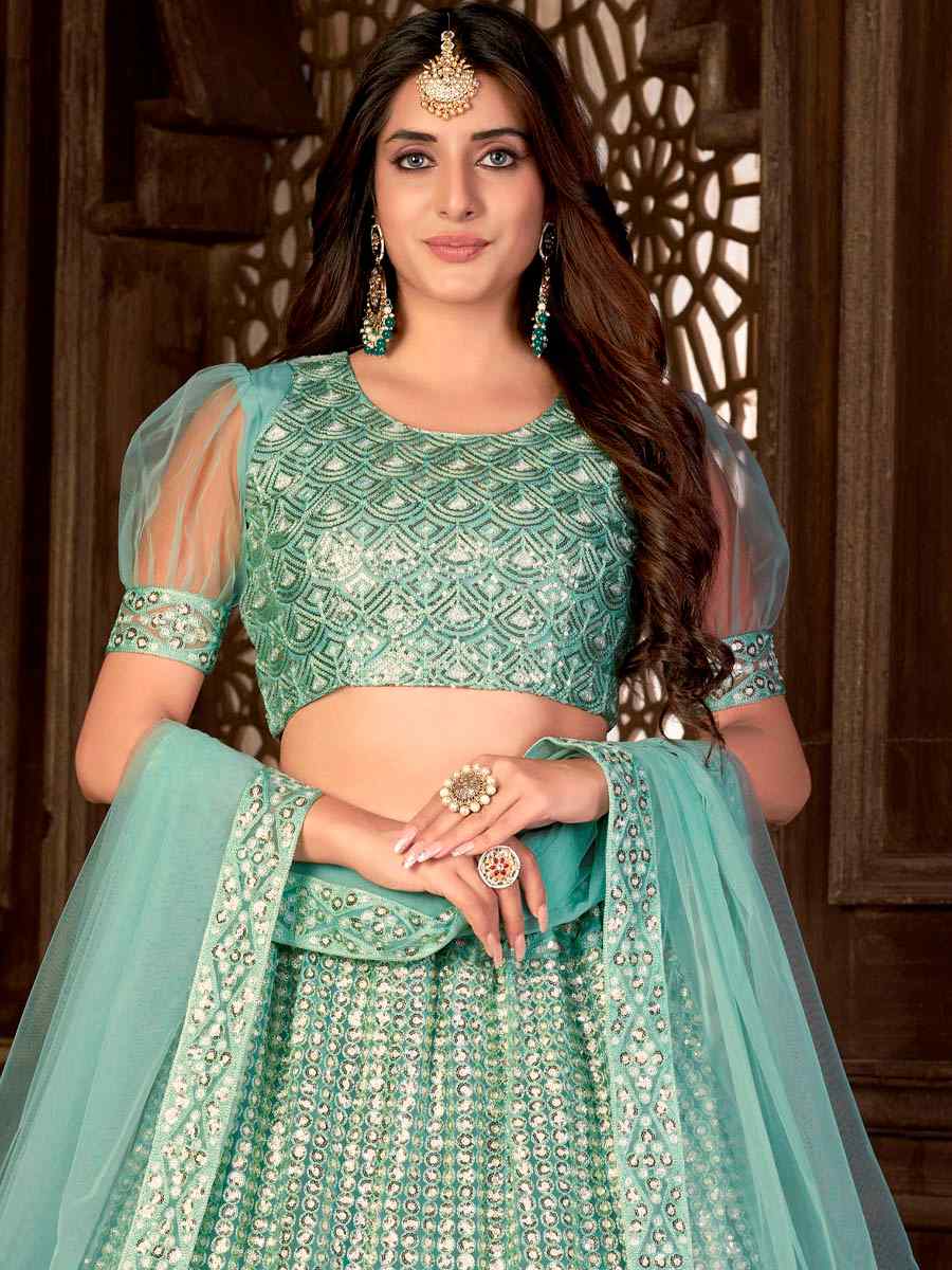 Light Green Net Embroidered Festival Party Wear Heavy Border Lehenga Choli