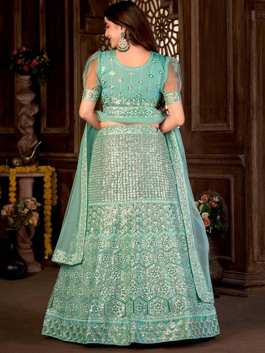 Light Green Net Embroidered Festival Party Wear Heavy Border Lehenga Choli