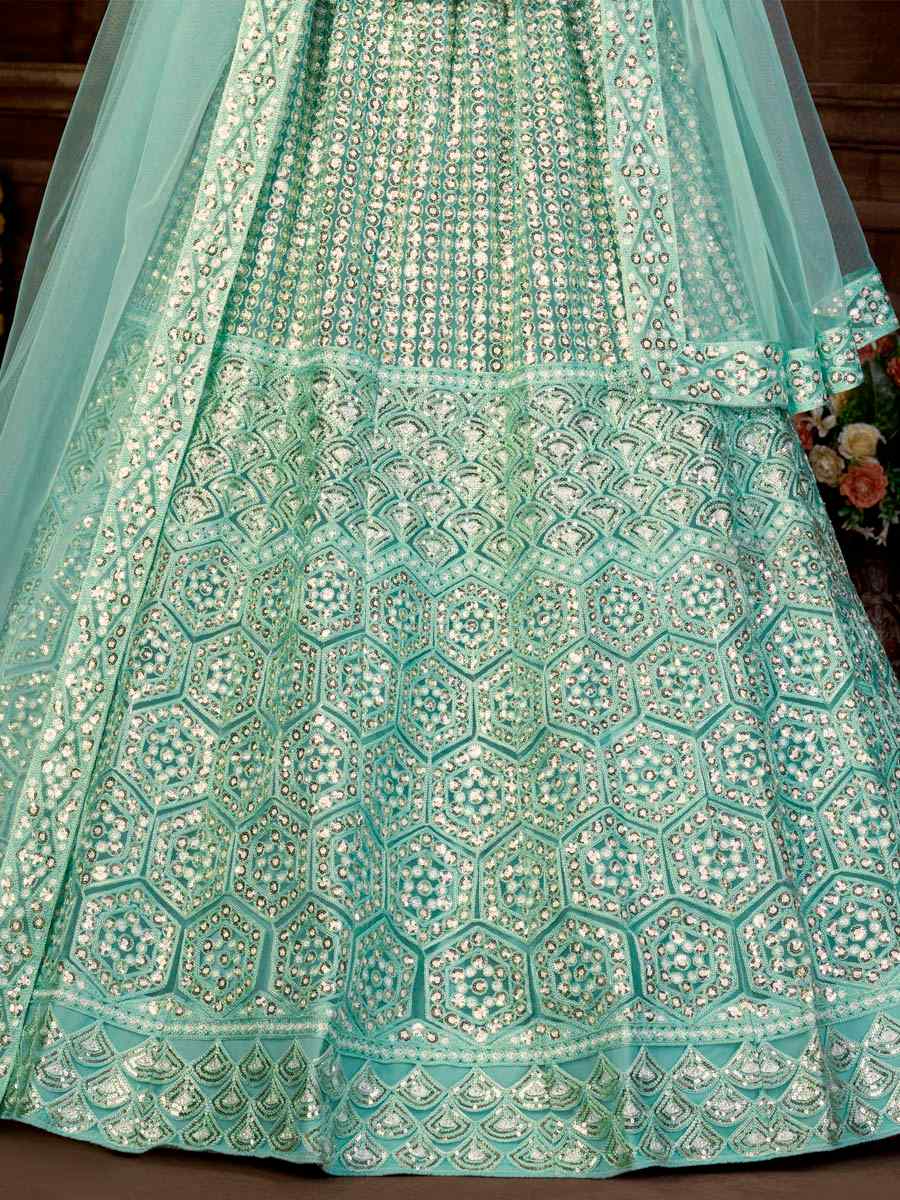 Light Green Net Embroidered Festival Party Wear Heavy Border Lehenga Choli