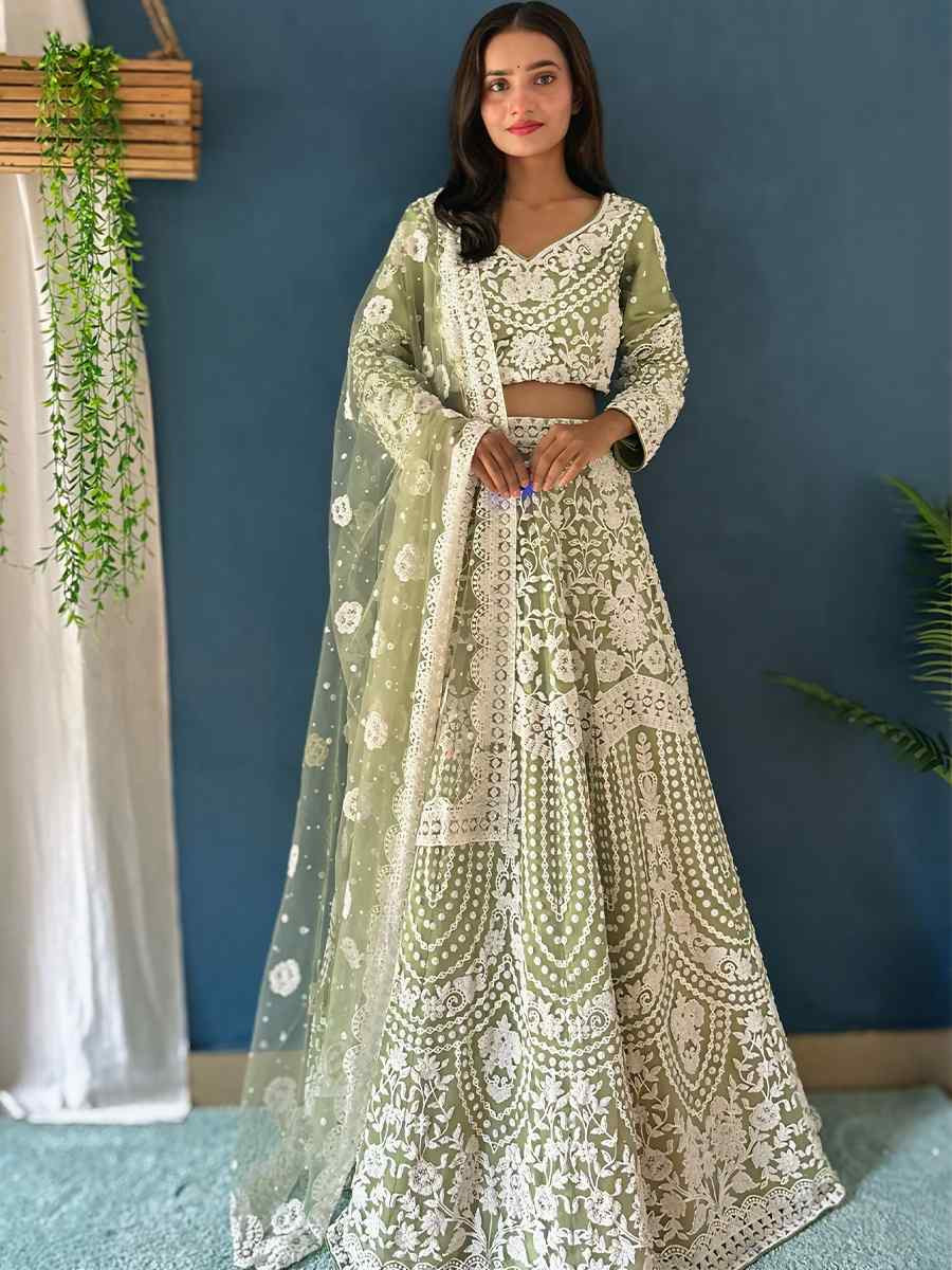 Light Green Net Embroidered Wedding Festival Heavy Border Lehenga Choli