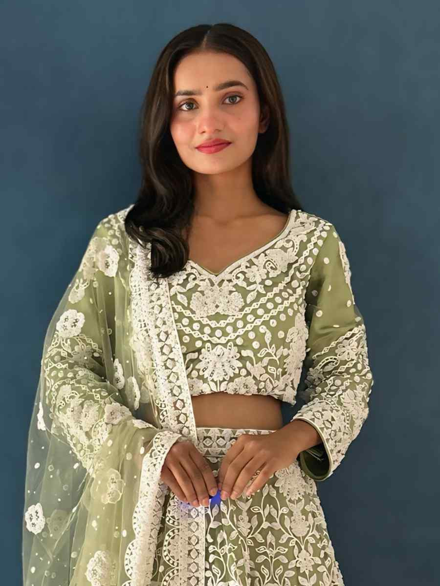 Light Green Net Embroidered Wedding Festival Heavy Border Lehenga Choli