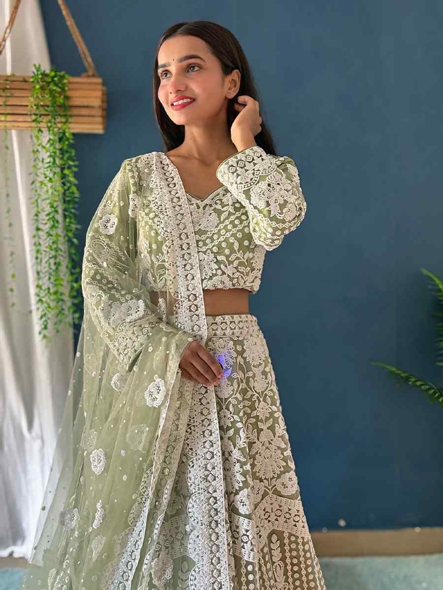 Light Green Net Embroidered Wedding Festival Heavy Border Lehenga Choli