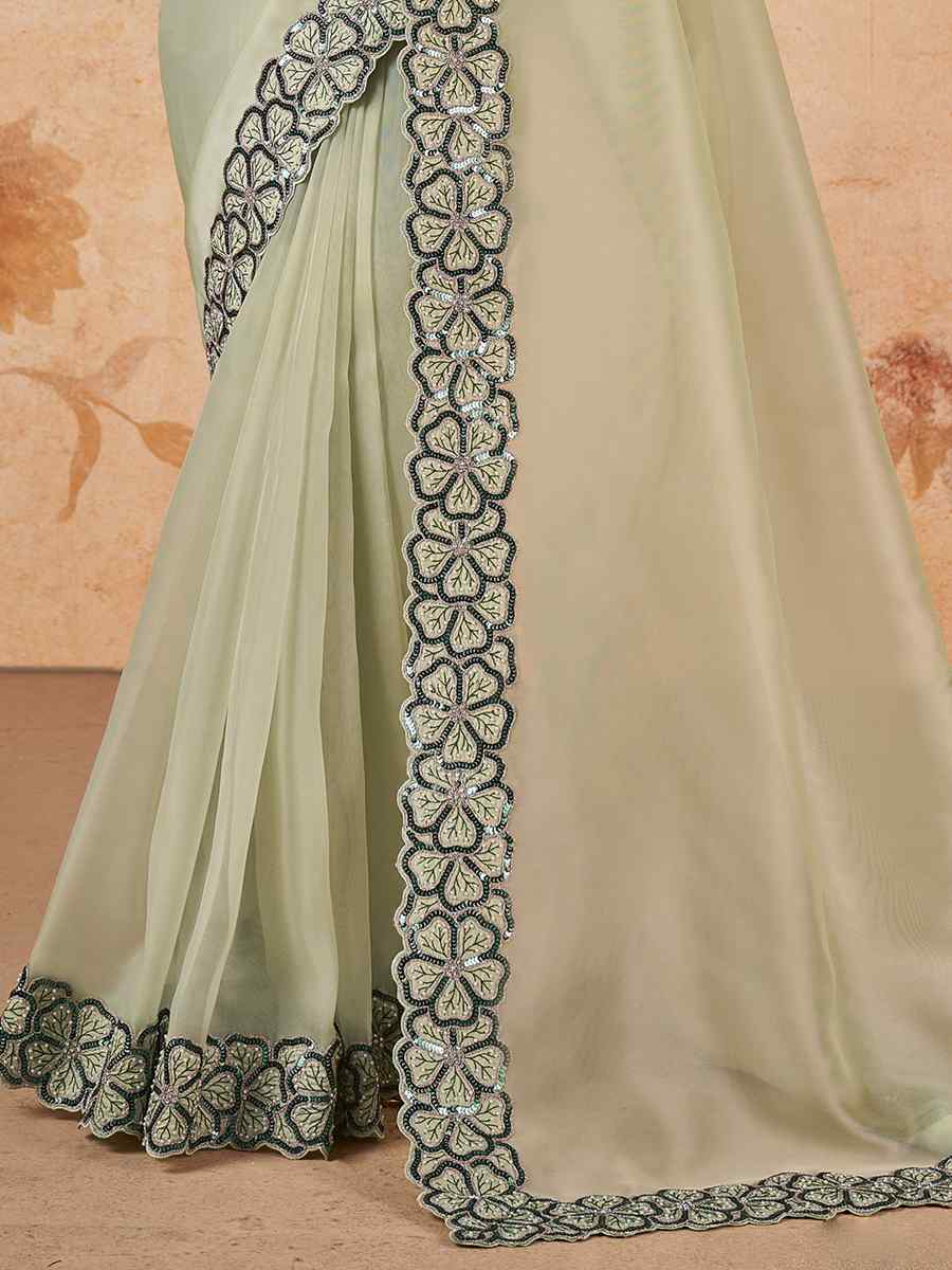 Light Green Net Silk Georgette Embroidered Party Wedding Heavy Border Saree