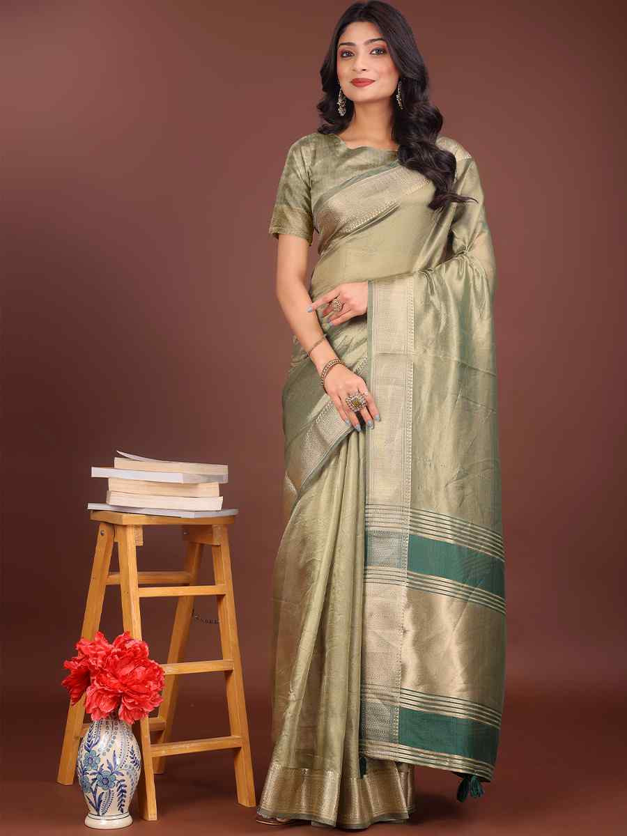Light Green Organza Handwoven Festival Wedding Fancy Heavy Border Saree