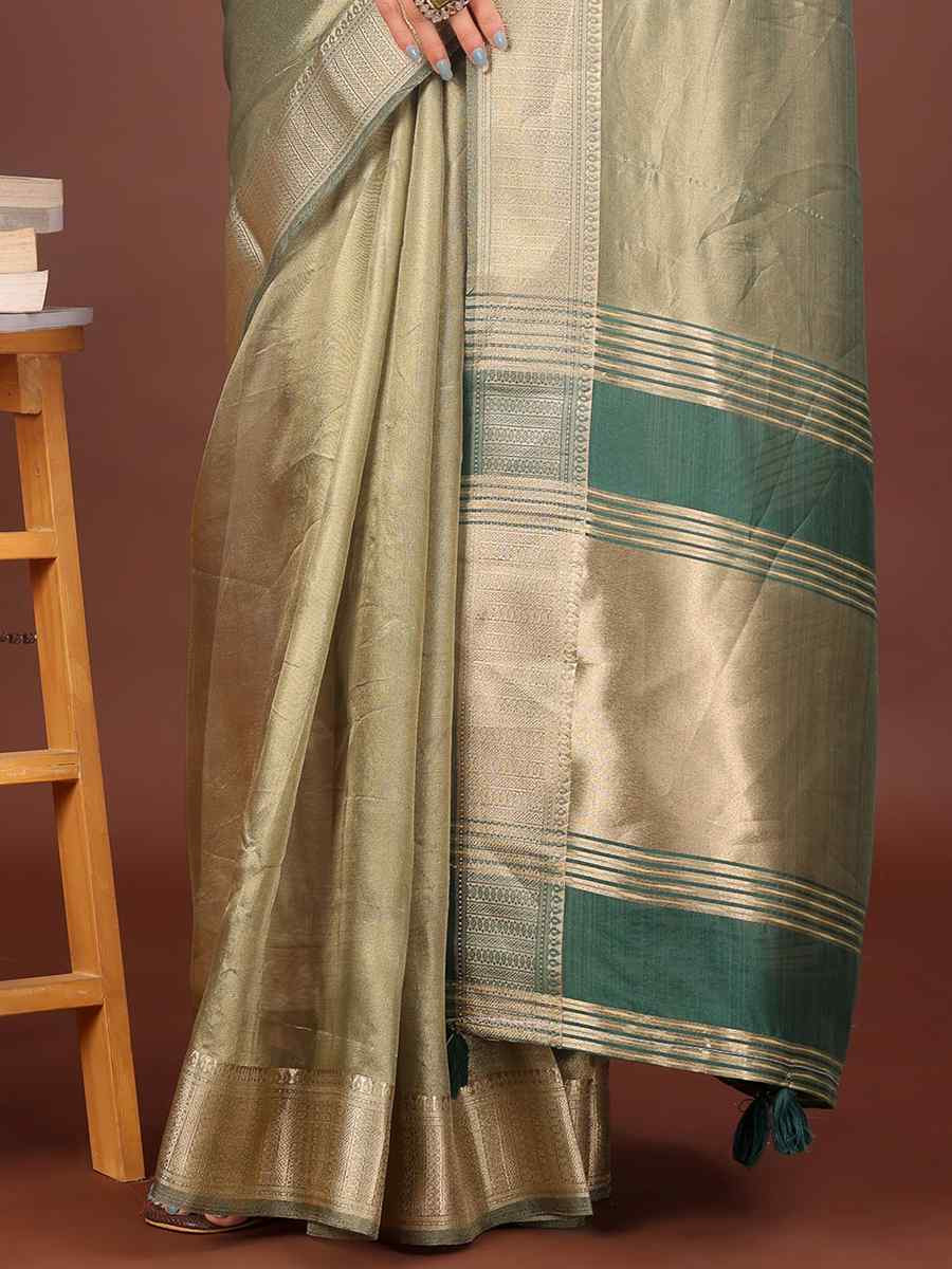 Light Green Organza Handwoven Festival Wedding Fancy Heavy Border Saree