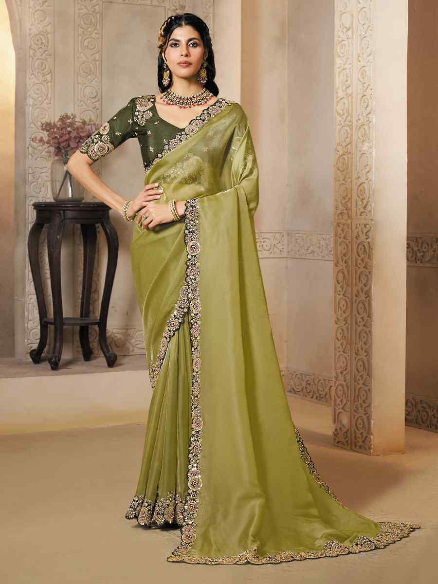 Light Green Organza Satin Embroidery Traditional Bridal Reception Festival Wedding Fancy Heavy Border Saree