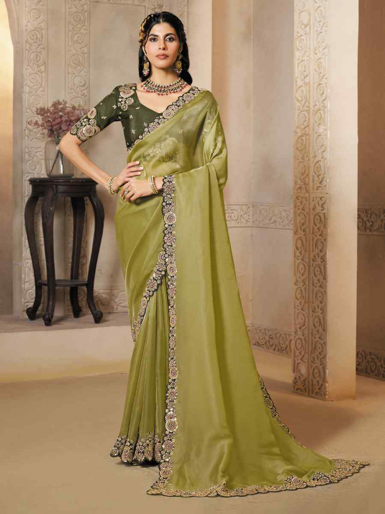 Image of Light Green Organza Satin Embroidery Traditional Bridal Reception Festival Wedding Fancy Heavy Border Saree