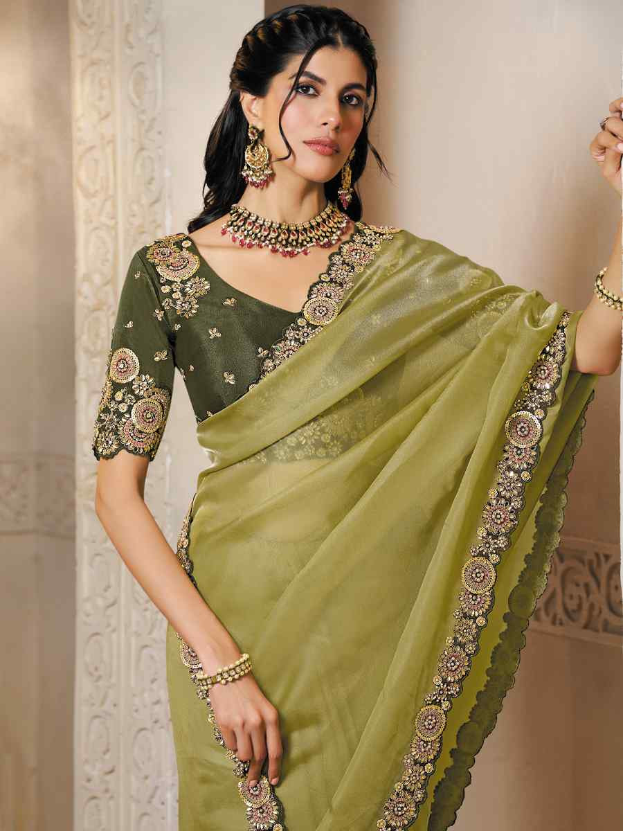 Light Green Organza Satin Embroidery Traditional Bridal Reception Festival Wedding Fancy Heavy Border Saree