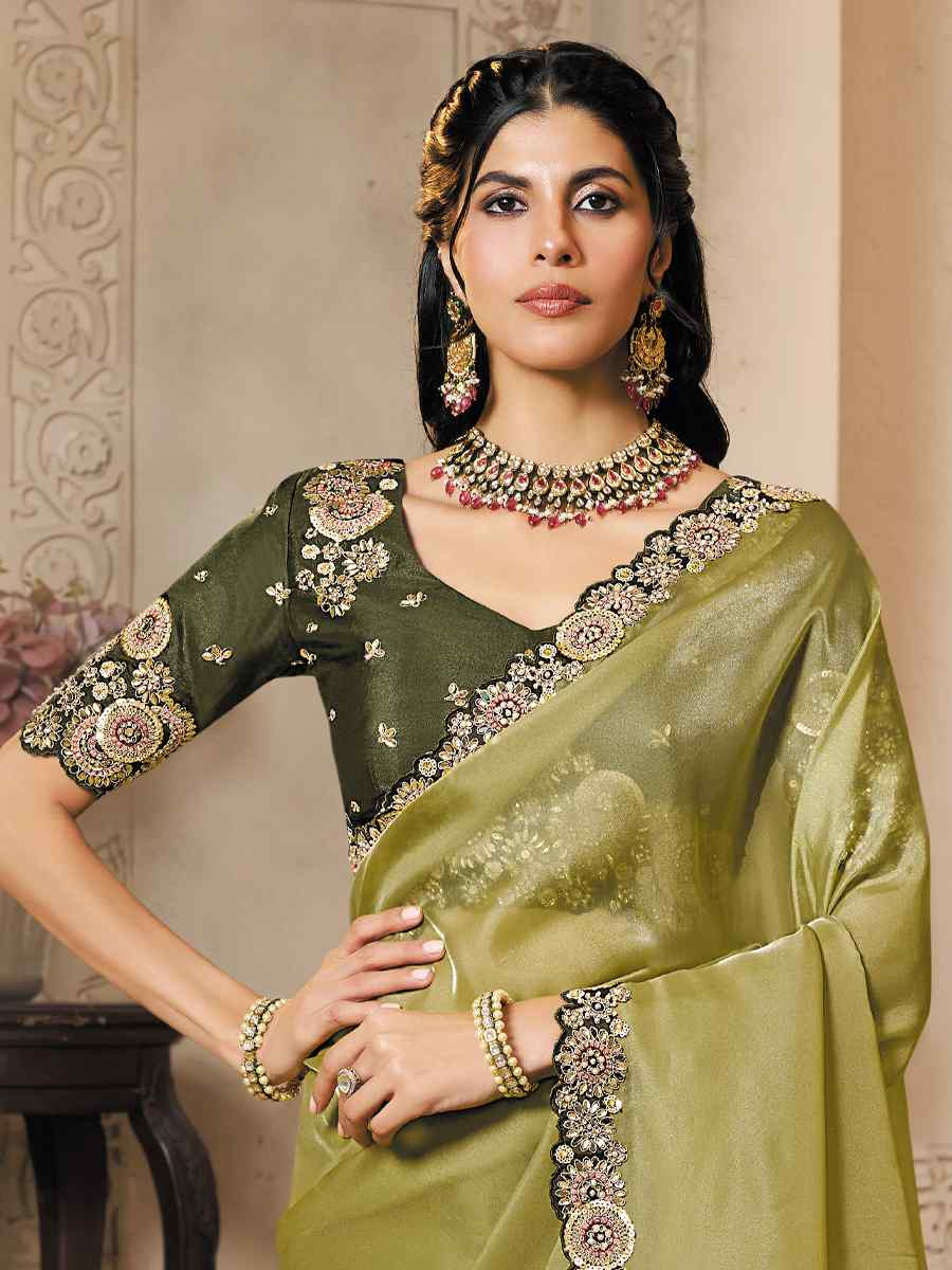 Light Green Organza Satin Embroidery Traditional Bridal Reception Festival Wedding Fancy Heavy Border Saree
