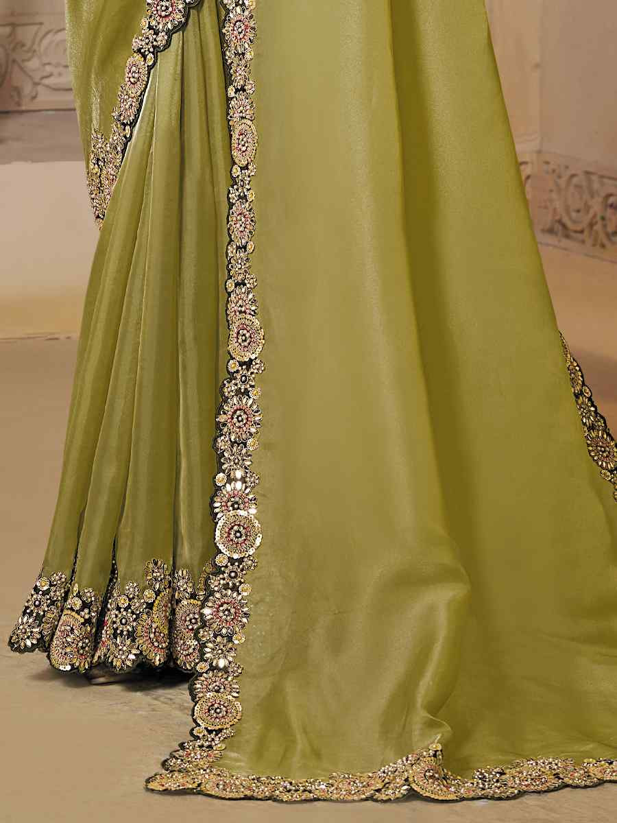 Light Green Organza Satin Embroidery Traditional Bridal Reception Festival Wedding Fancy Heavy Border Saree