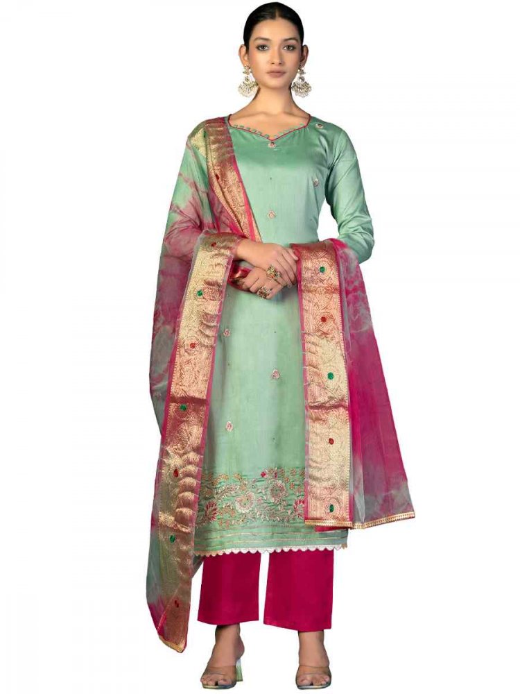 Light Green Premium Jam Cotton Handwoven Casual Festival Pant Salwar Kameez