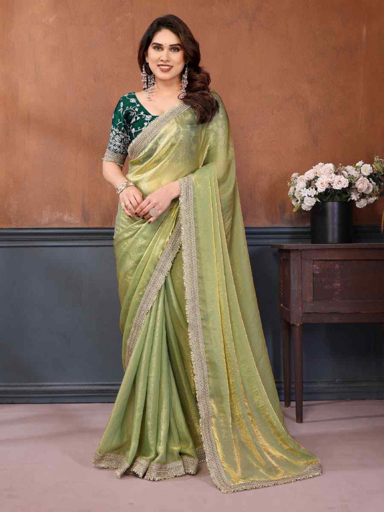 Image of Light Green Pure Fandy Satin Embroidery Festival Wedding Fancy Heavy Border Saree