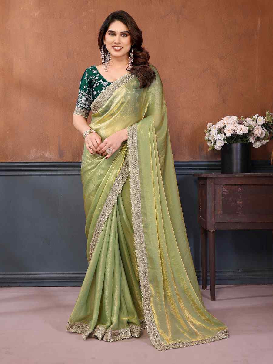 Light Green Pure Fandy Satin Embroidery Festival Wedding Fancy Heavy Border Saree