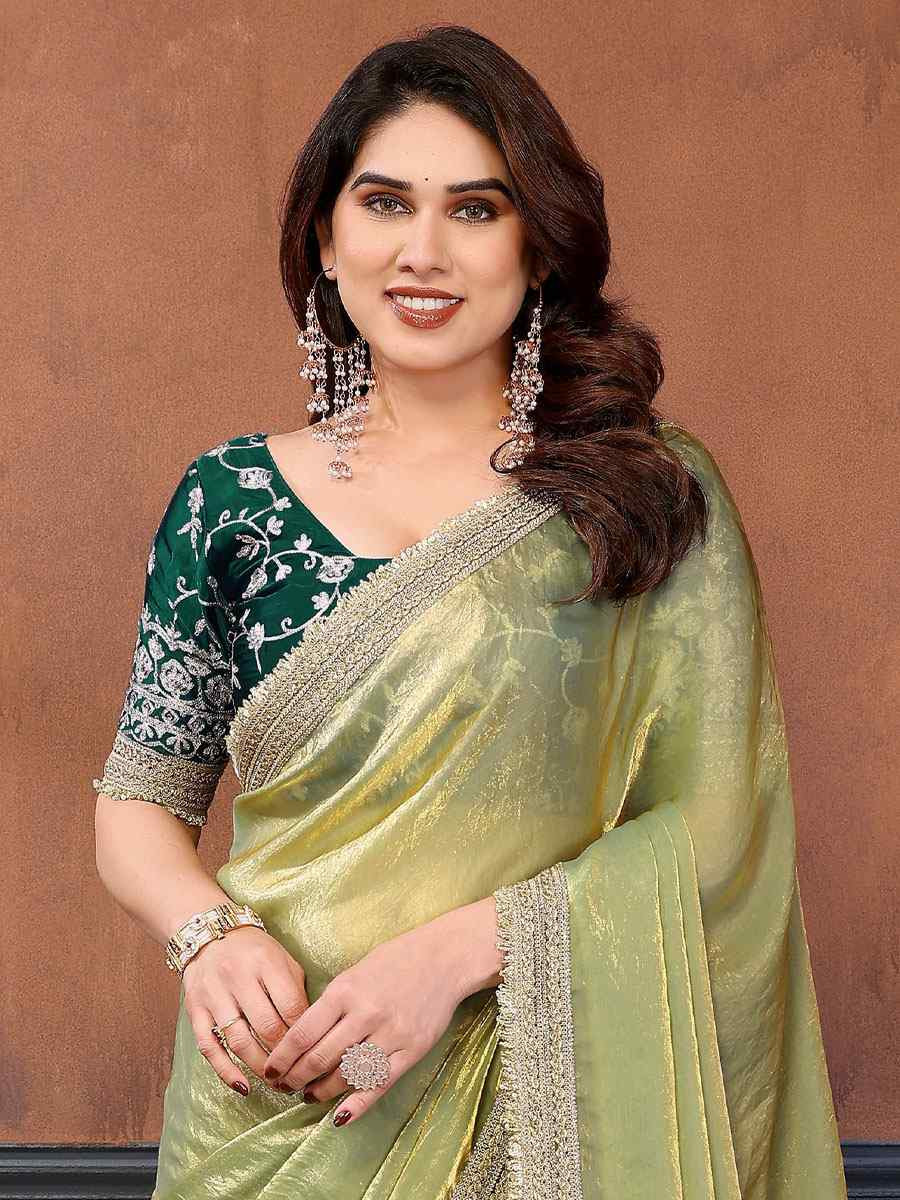Light Green Pure Fandy Satin Embroidery Festival Wedding Fancy Heavy Border Saree