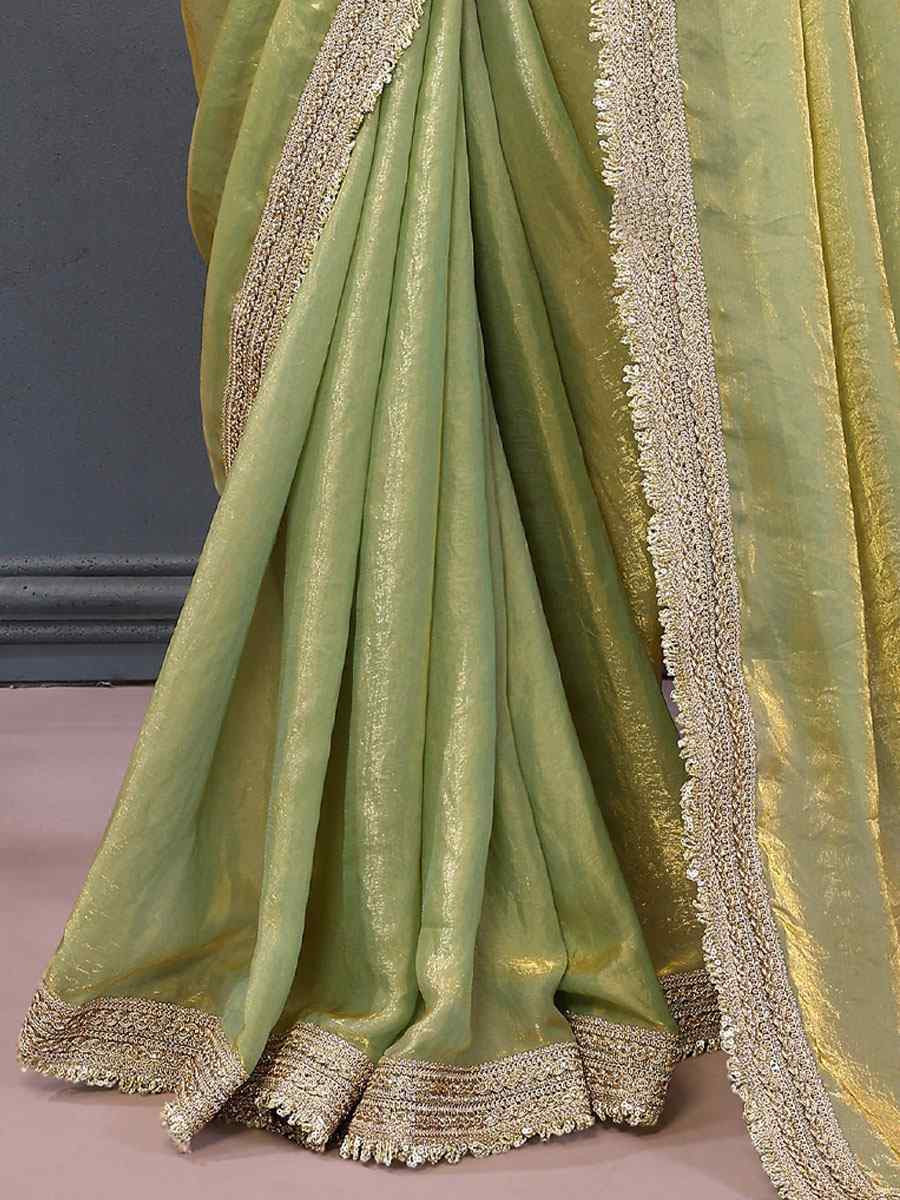 Light Green Pure Fandy Satin Embroidery Festival Wedding Fancy Heavy Border Saree