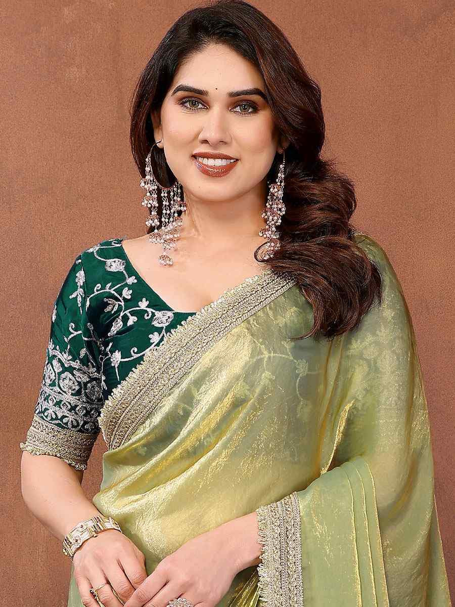 Light Green Pure Fandy Satin Embroidery Festival Wedding Fancy Heavy Border Saree