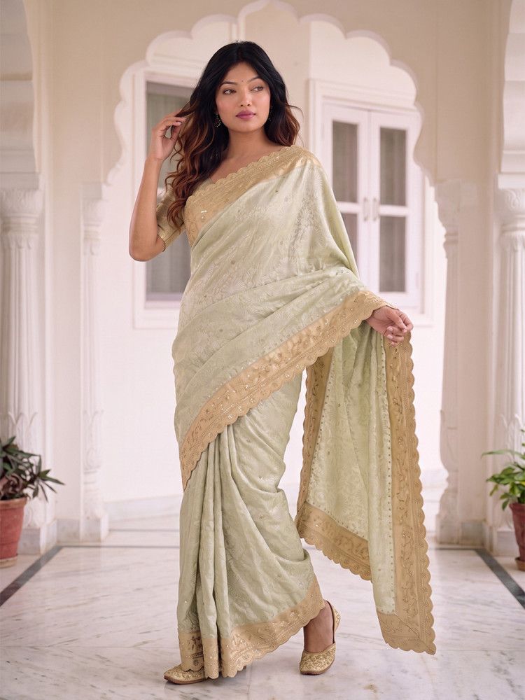 Image of Light Green Pure Kanjivarm Silk Embroidery Wedding Reception Party Festival Casual Heavy Border Sarees