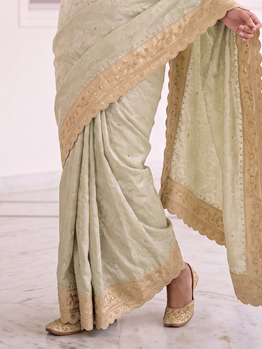 Light Green Pure Kanjivarm Silk Embroidery Wedding Reception Party Festival Casual Heavy Border Sarees