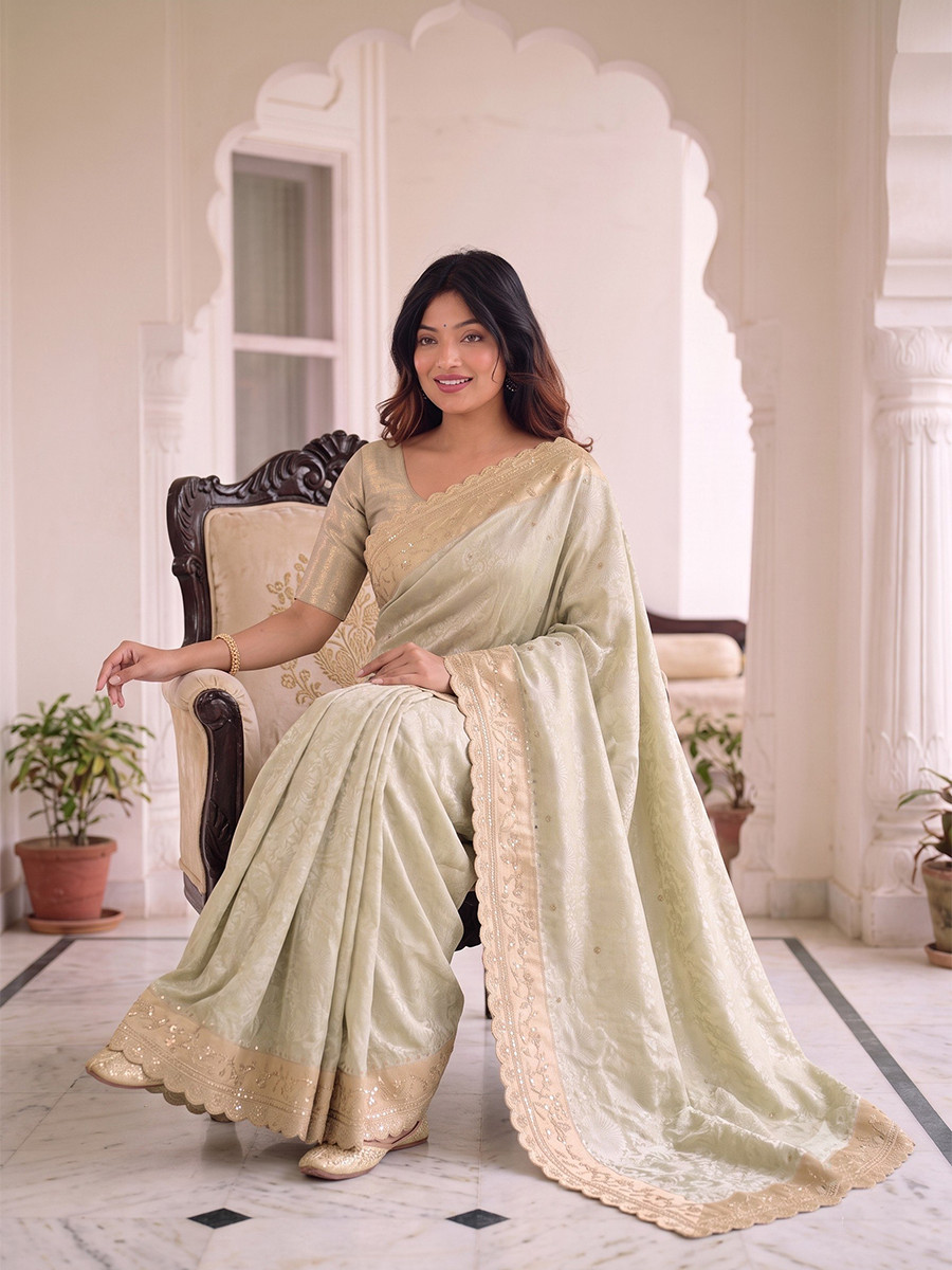 Light Green Pure Kanjivarm Silk Embroidery Wedding Reception Party Festival Casual Heavy Border Sarees
