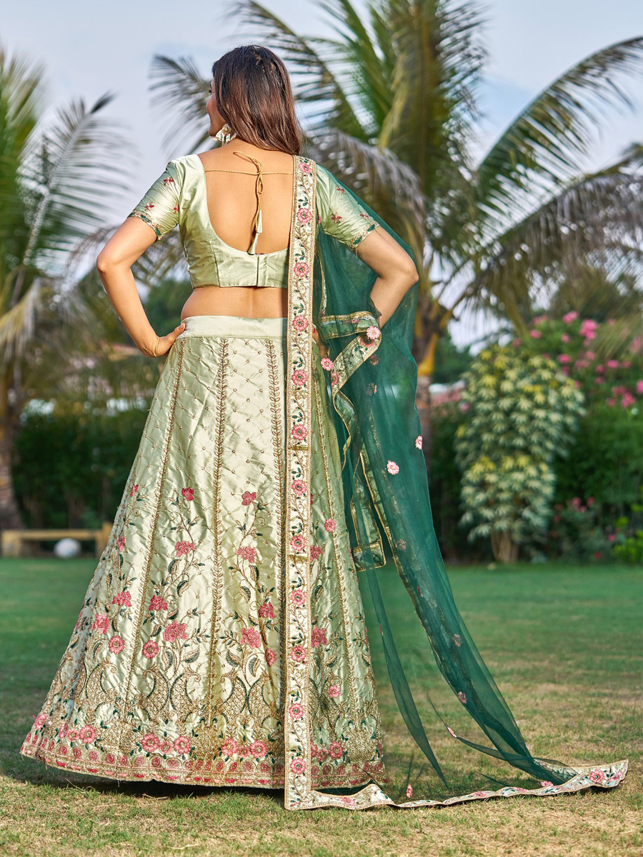 Light Green Satin Embroidered Party Wear Festival Circular Lehenga Choli