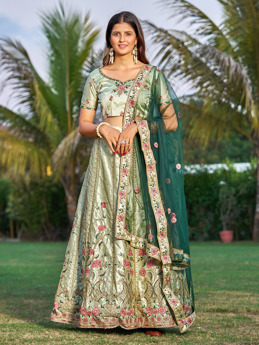 Light Green Satin Embroidered Party Wear Festival Circular Lehenga Choli