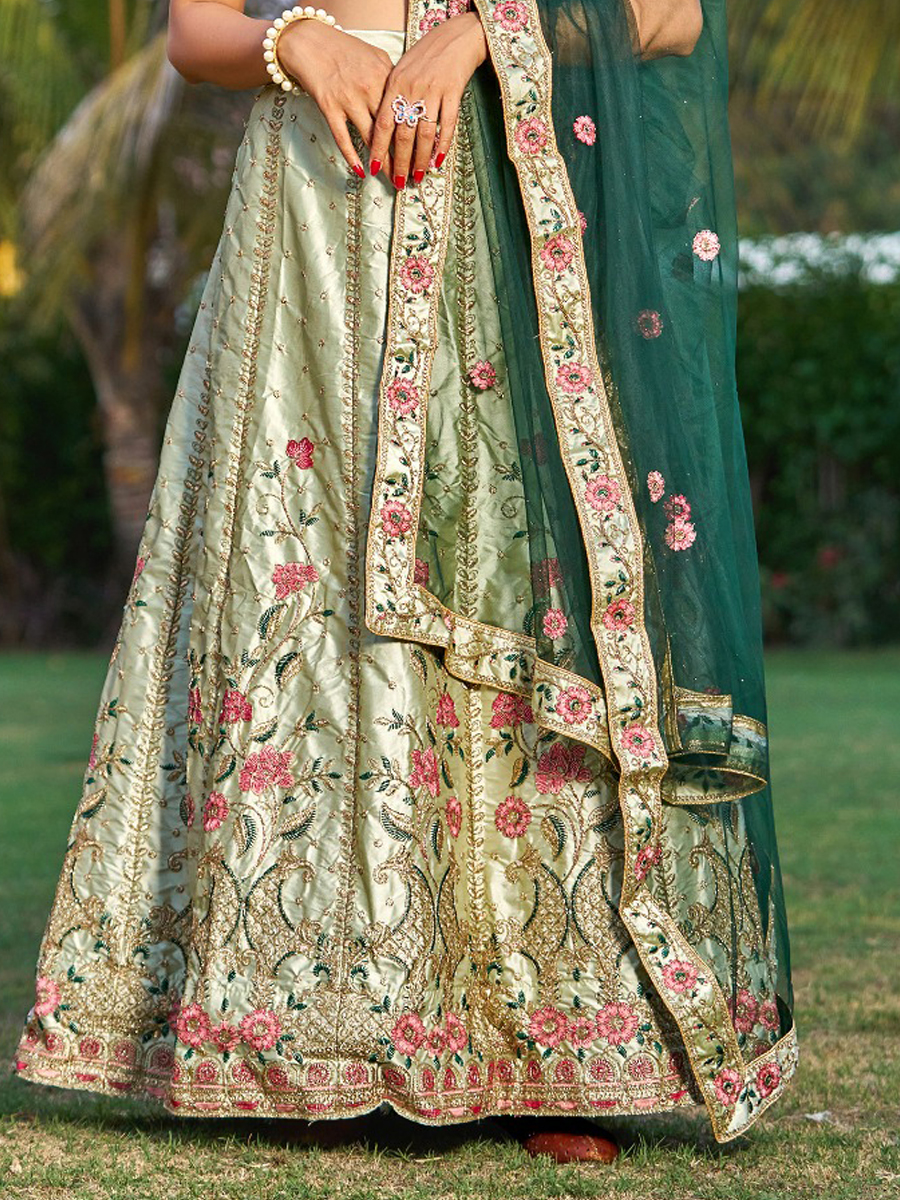 Light Green Satin Embroidered Party Wear Festival Circular Lehenga Choli