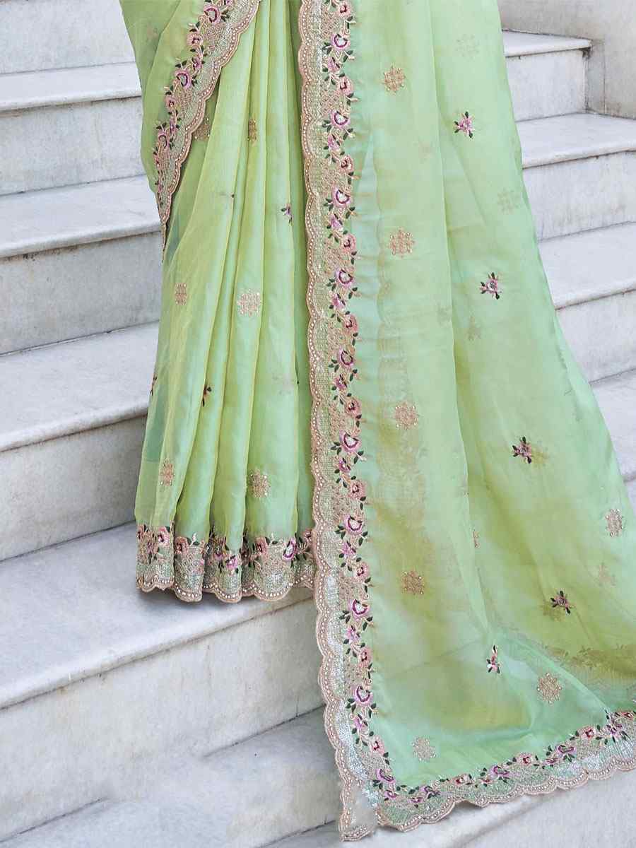 Light Green Satin Silk Embroidered Party Festival Heavy Border Saree