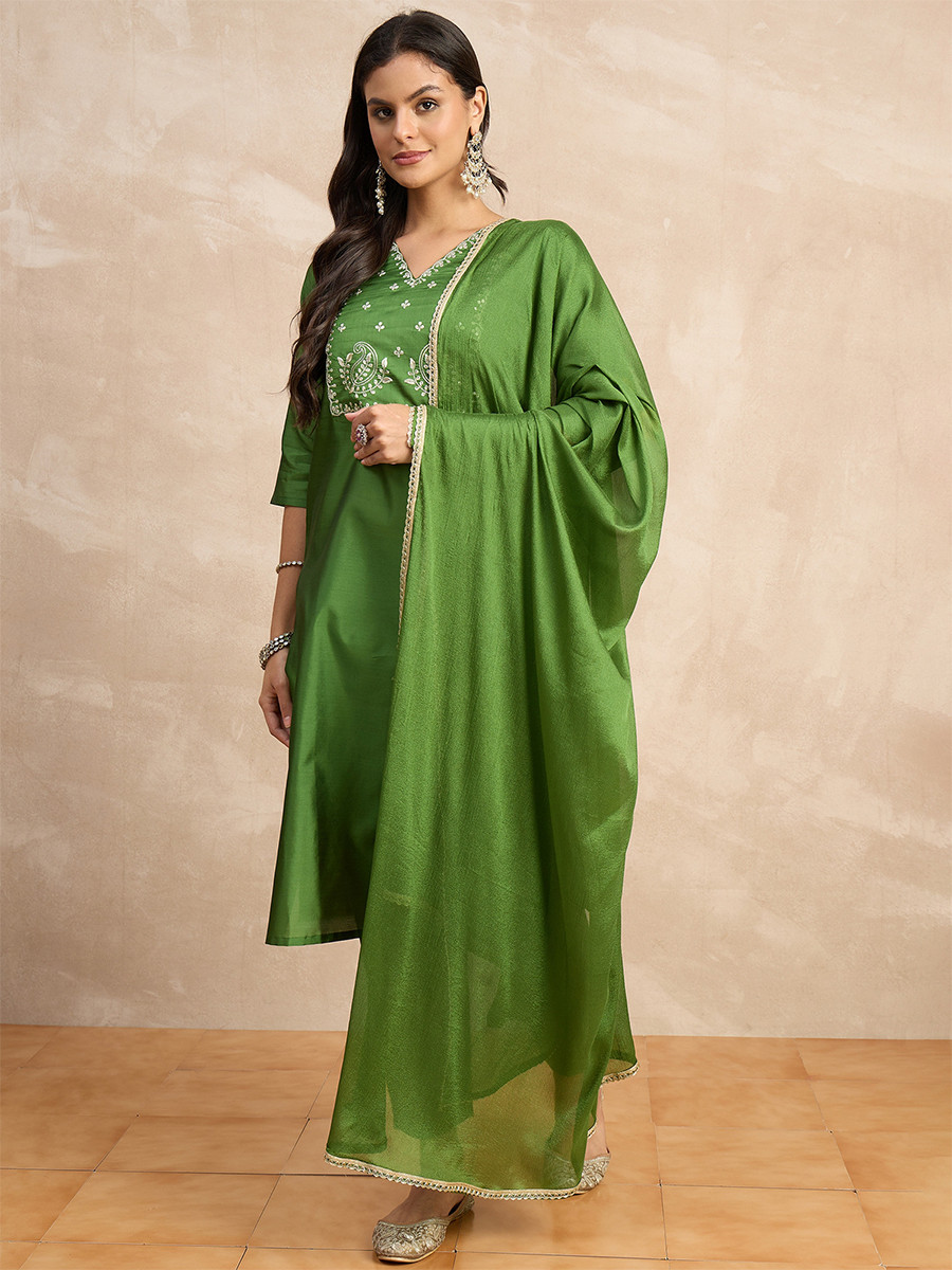 Light Green Silk Blend Embroidery Wedding Party Festival Casual Ready Pant Salwar Kameez
