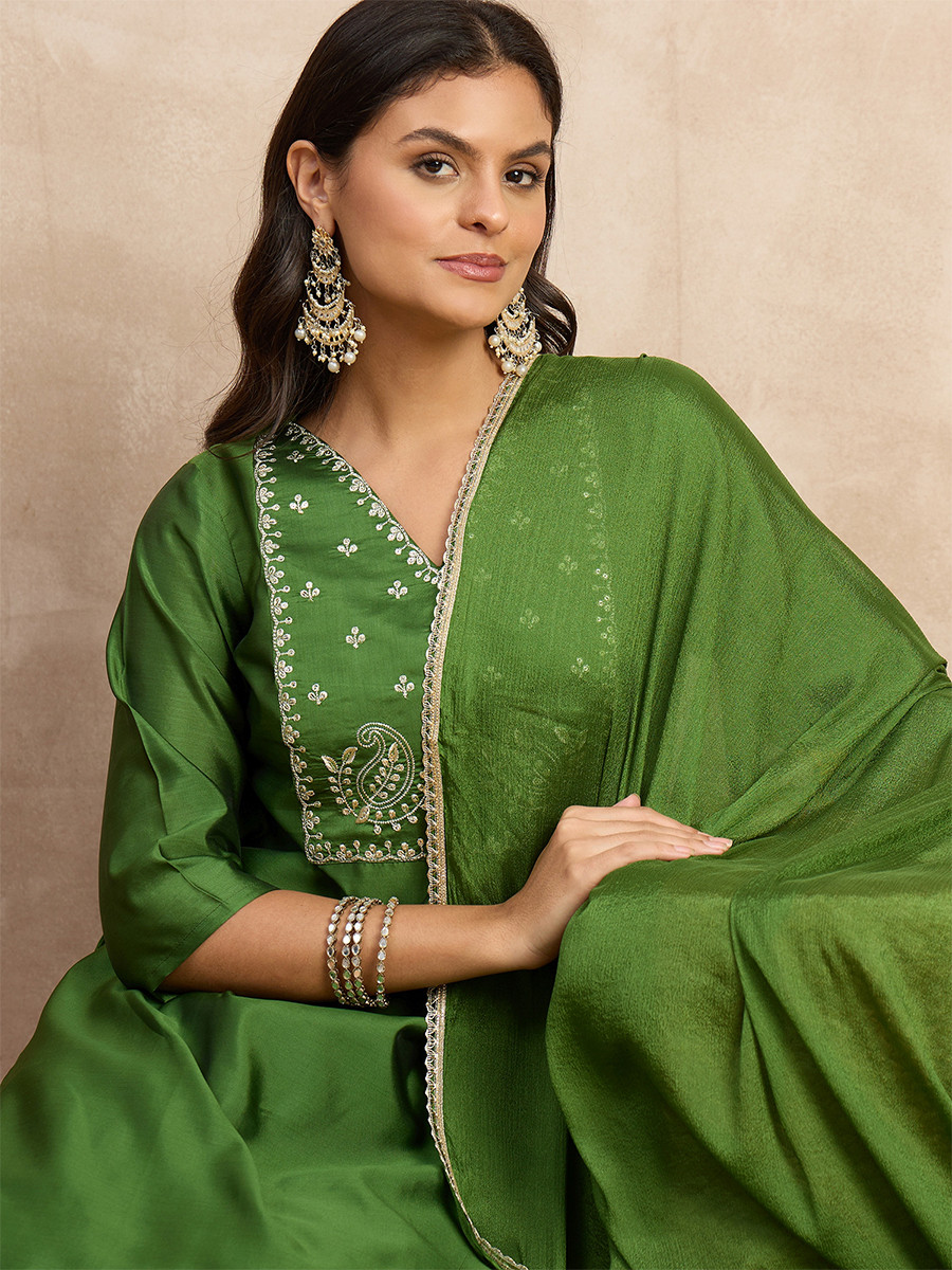 Light Green Silk Blend Embroidery Wedding Party Festival Casual Ready Pant Salwar Kameez