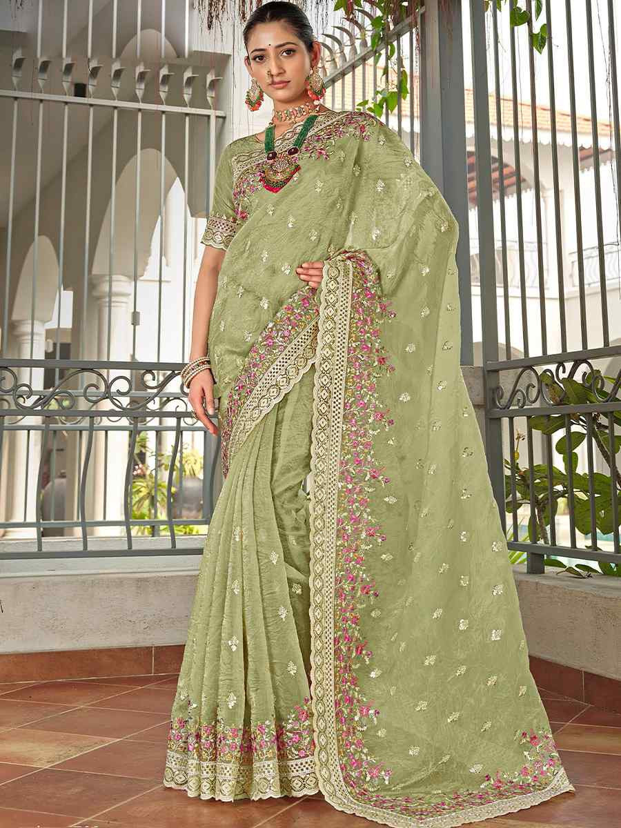 Light Green Silk Embroidered Festival Wedding Fancy Heavy Border Saree
