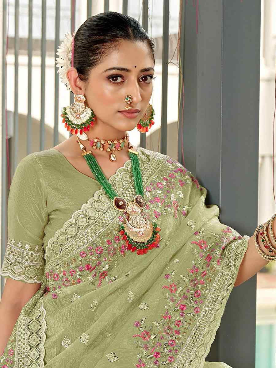 Light Green Silk Embroidered Festival Wedding Fancy Heavy Border Saree